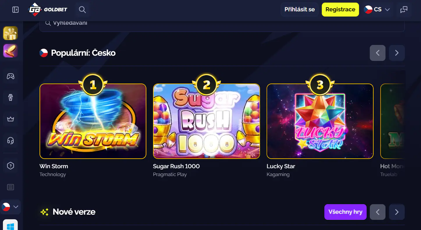 Česká verze webu Goldbet s hlavní navigací a nabídkou kasina
